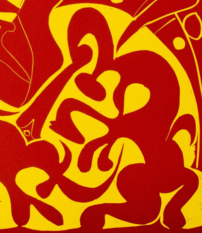 Pablo PICASSO : Pique en rouge et jaune - Linogravure