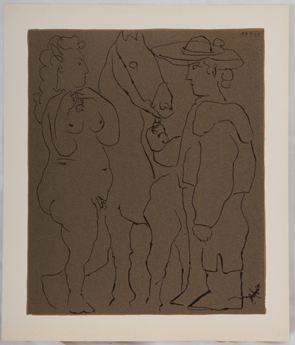 Pablo PICASSO : Couple amoureux et cheval - Linogravure