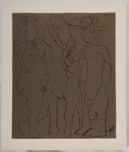 Pablo PICASSO : Couple amoureux et cheval - Linogravure