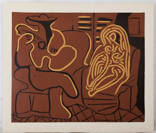 Pablo PICASSO : Femme assise et le guitariste - Linogravure