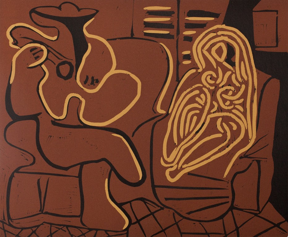 Pablo PICASSO : Femme assise et le guitariste - Linogravure
