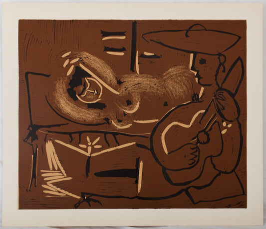 Pablo PICASSO : Femme nue et guitariste au chapeau - Linogravure