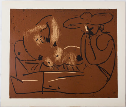 Pablo PICASSO : Nu couché et musicien au chapeau - Linogravure