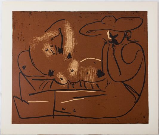 Pablo PICASSO : Nu couché et musicien au chapeau - Linogravure