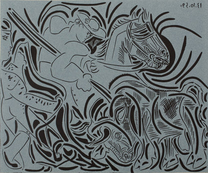 Pablo PICASSO : Pique, face au taureau - Linogravure