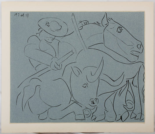 Pablo PICASSO : Taureau désarmant un picador - Linogravure