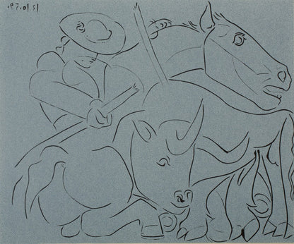 Pablo PICASSO : Taureau désarmant un picador - Linogravure