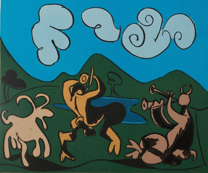 Pablo PICASSO : Faunes et chèvre - Linogravure