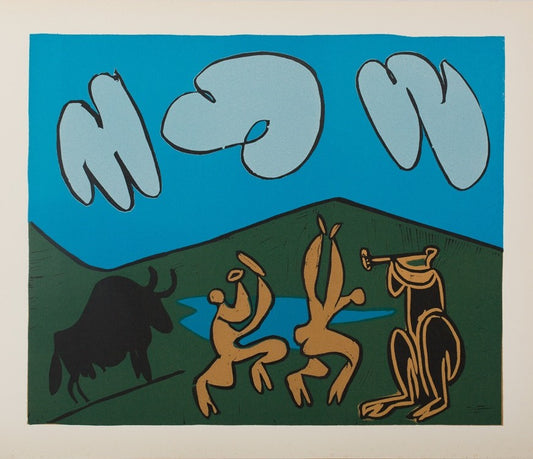 Pablo PICASSO : Bacchanale au taureau noir - Linogravure