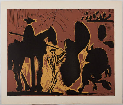 Pablo PICASSO : Corrida, Torero face au taureau - Linogravure
