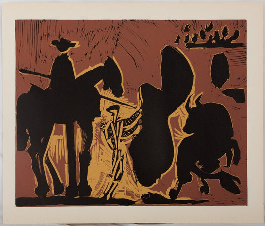 Pablo PICASSO : Corrida, Torero face au taureau - Linogravure