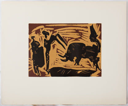 Pablo PICASSO : Corrida, la charge du Taureau - Linogravure