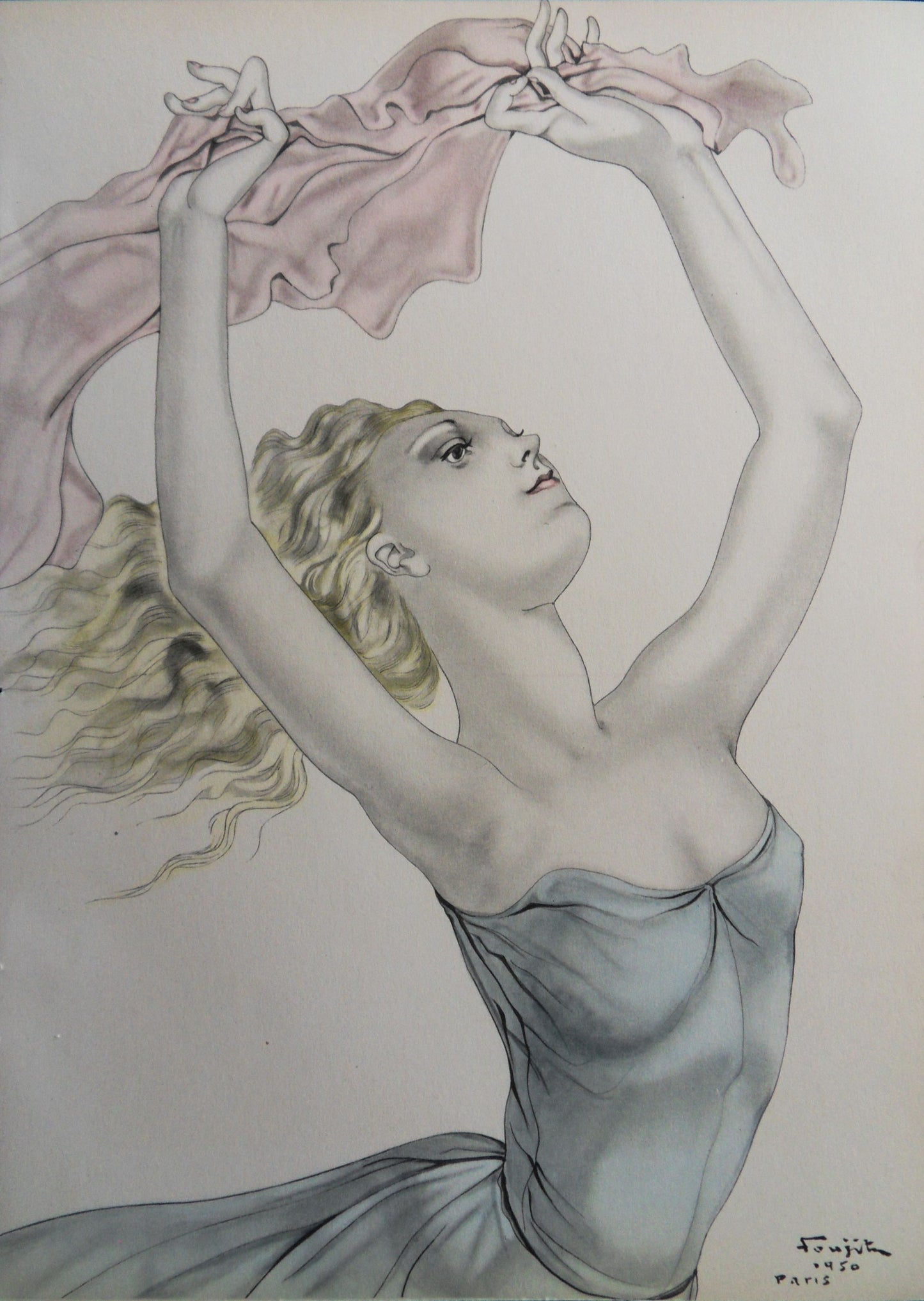 Léonard Tsuguharu FOUJITA : Danseuse au foulard rose - Lithographie signée