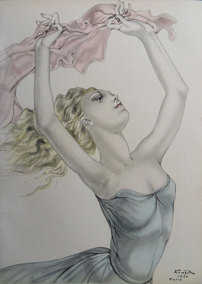 Léonard Tsuguharu FOUJITA : Danseuse au foulard rose - Lithographie signée