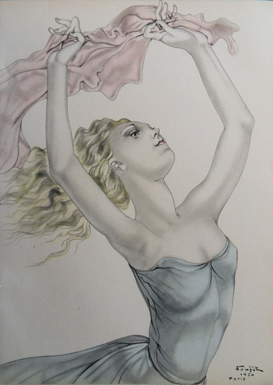 Léonard Tsuguharu FOUJITA : Danseuse au foulard rose - Lithographie signée
