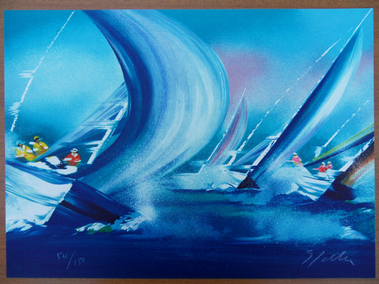 Victor SPAHN : Course de voiliers en tête - Lithographie originale signée