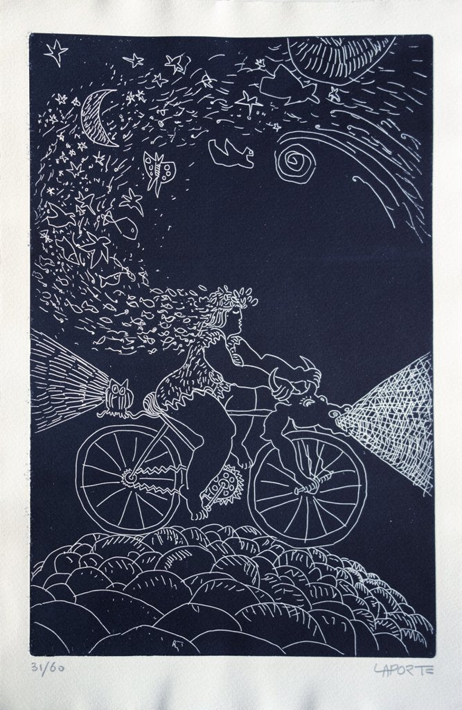 Nicole LAPORTE : Le Cycliste des rêves - Gravure originale signée