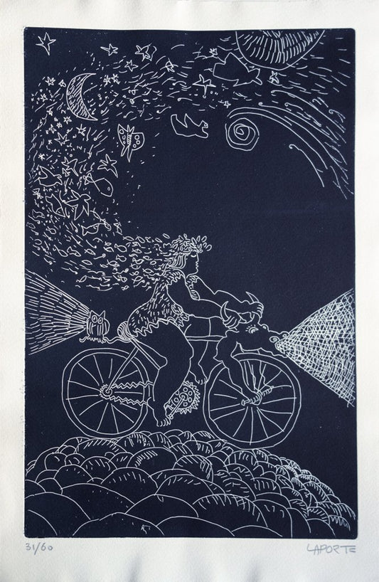 Nicole LAPORTE : Le Cycliste des rêves - Gravure originale signée