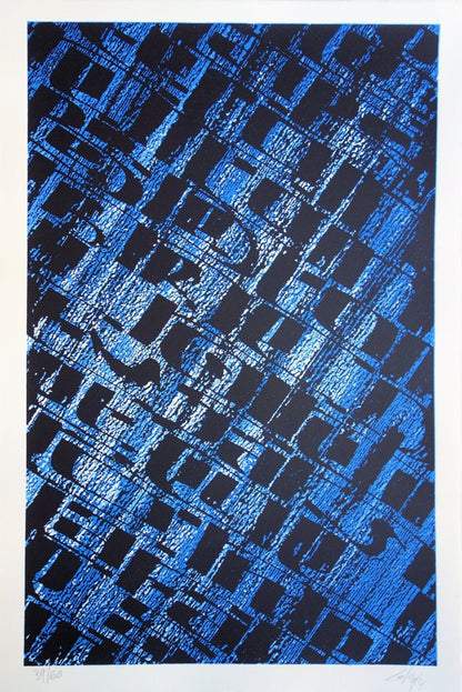 Frank LALOU : Composition abstraite en bleu - Lithographie originale signée