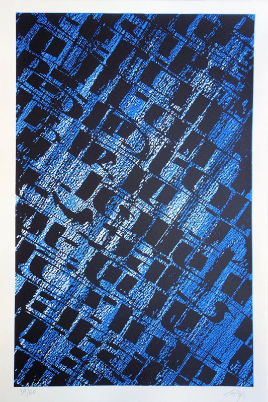 Frank LALOU : Composition abstraite en bleu - Lithographie originale signée