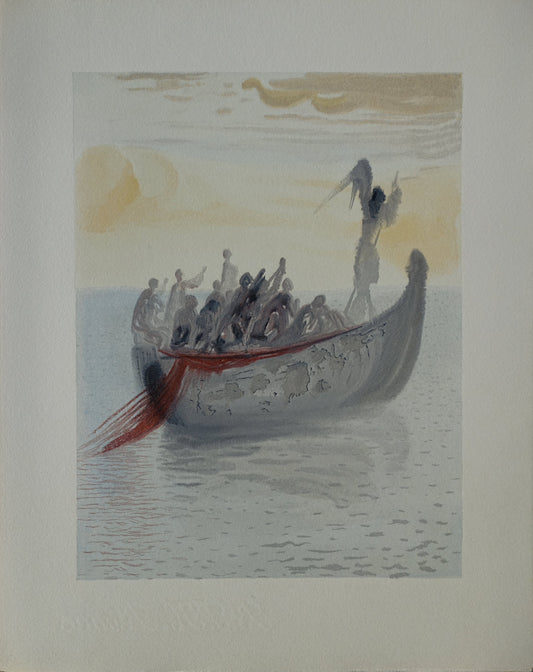 Salvador DALI : La barque du nocher - Bois gravé original
