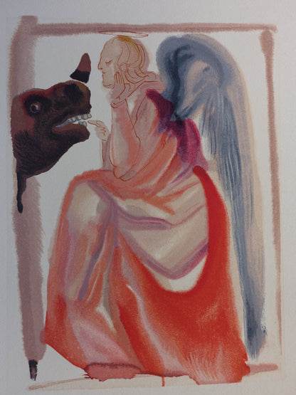 Salvador DALI : Ange et rhinocéros - Bois gravé original