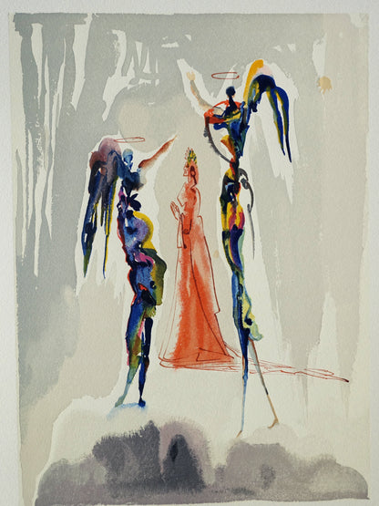 Salvador DALI : Dante et deux anges - Bois gravé original