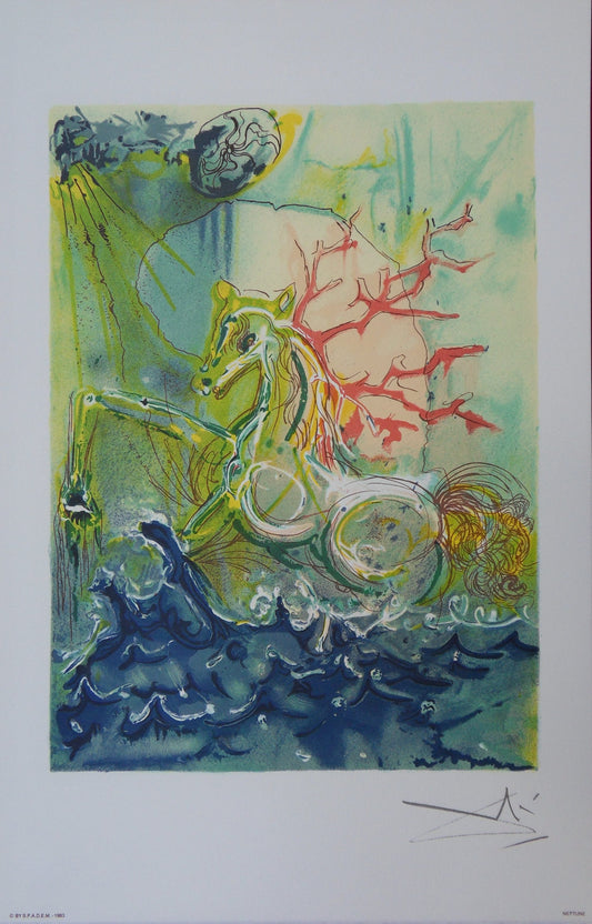 Salvador DALI : Les Chevaux - Neptune, Lithographie signée