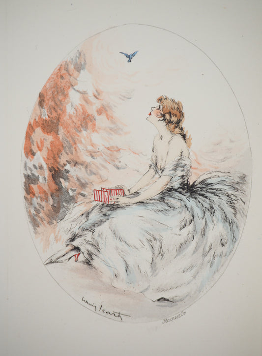 Louis ICART : Jeune femme et l'oiseau - Gravure originale signée