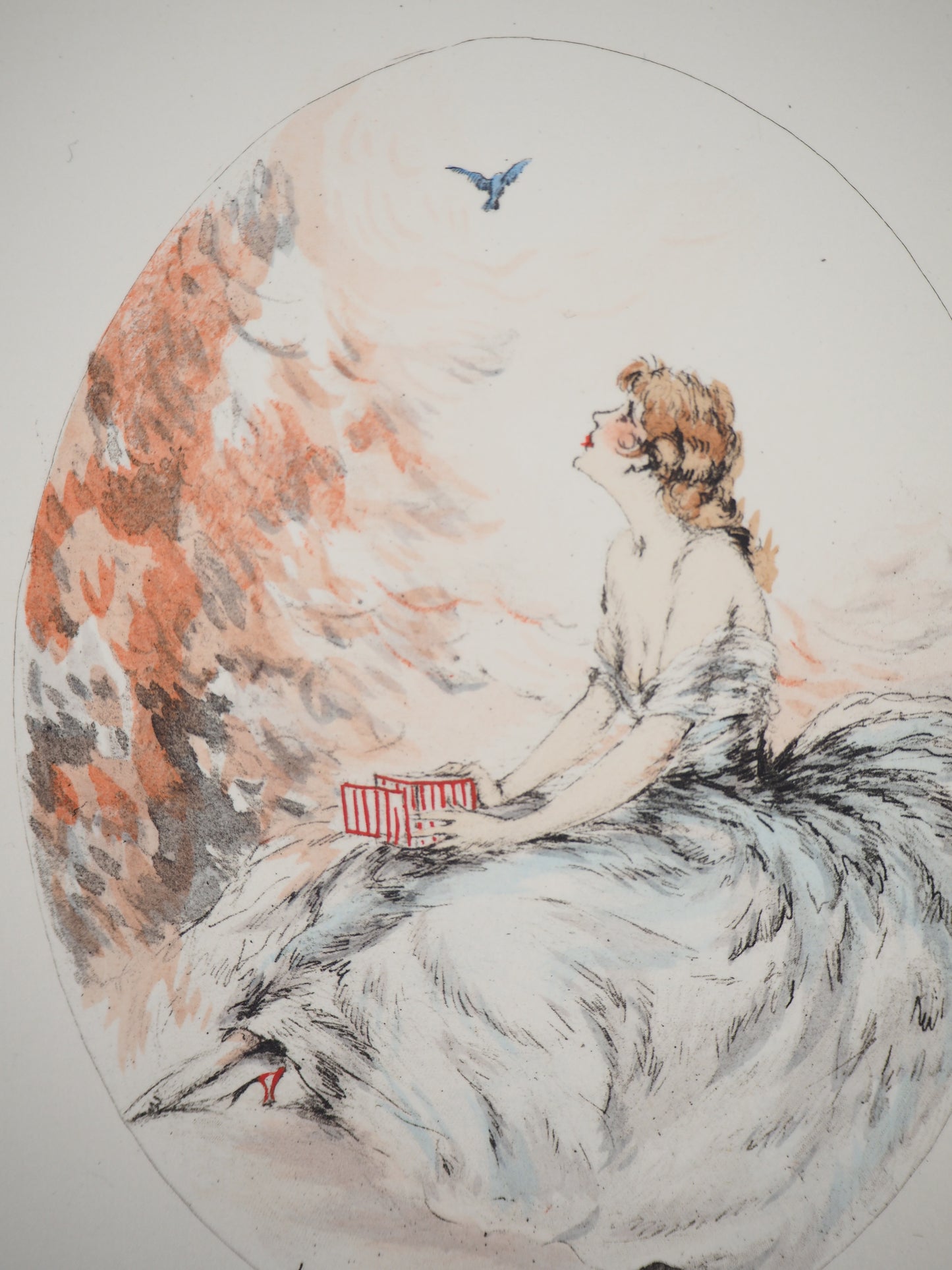 Louis ICART : Jeune femme et l'oiseau - Gravure originale signée