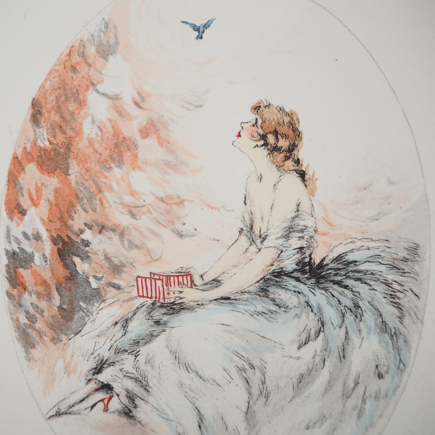 Louis ICART : Jeune femme et l'oiseau - Gravure originale signée