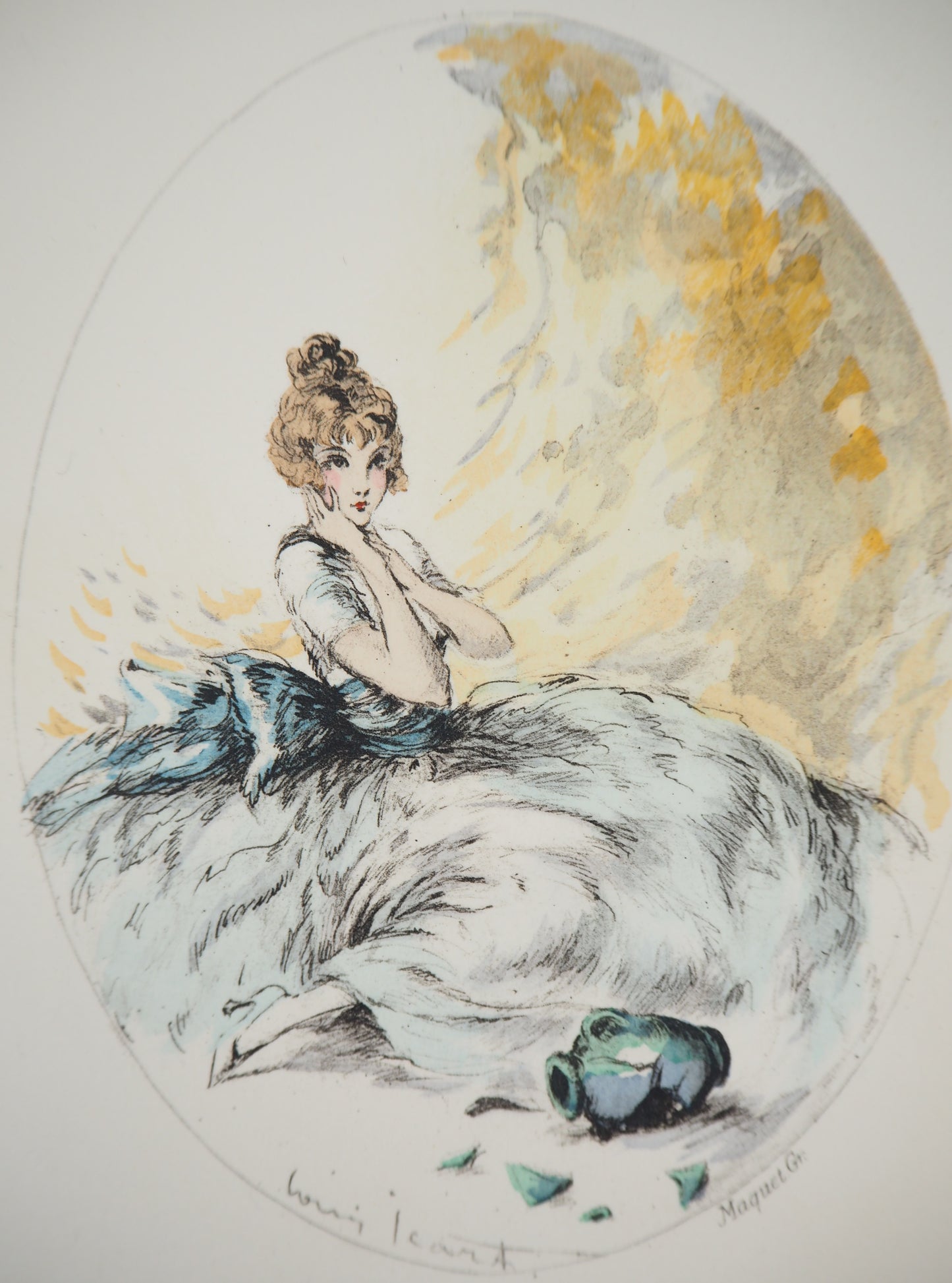 Louis ICART : Jeune femme à la cruche brisée - Gravure originale signée
