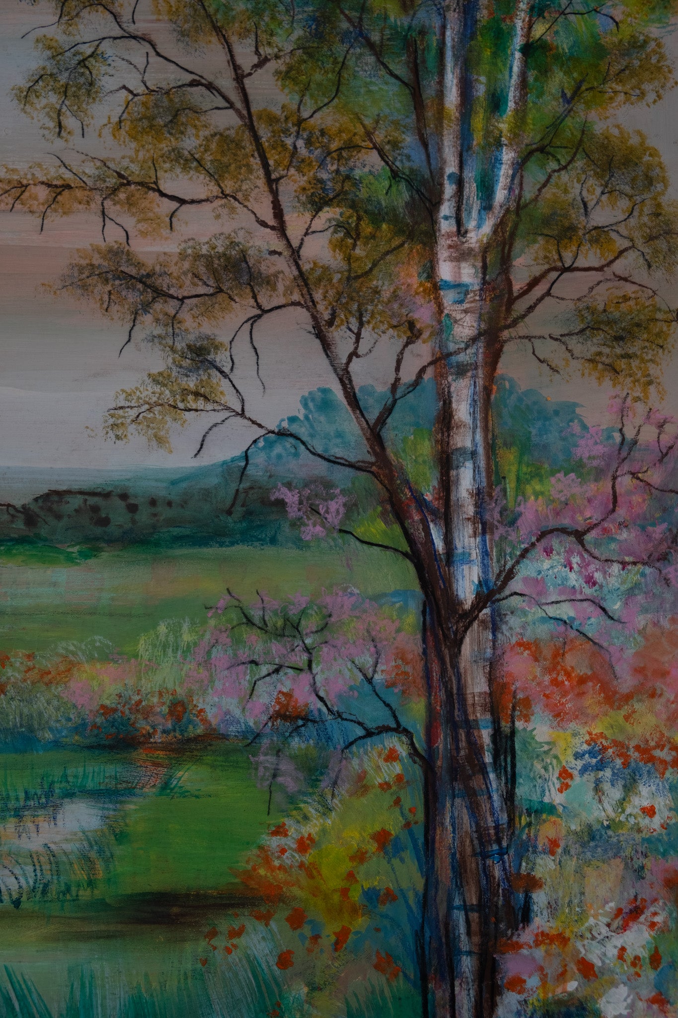 TORRES : Paysage au bouleau - Gouache et pastel signée