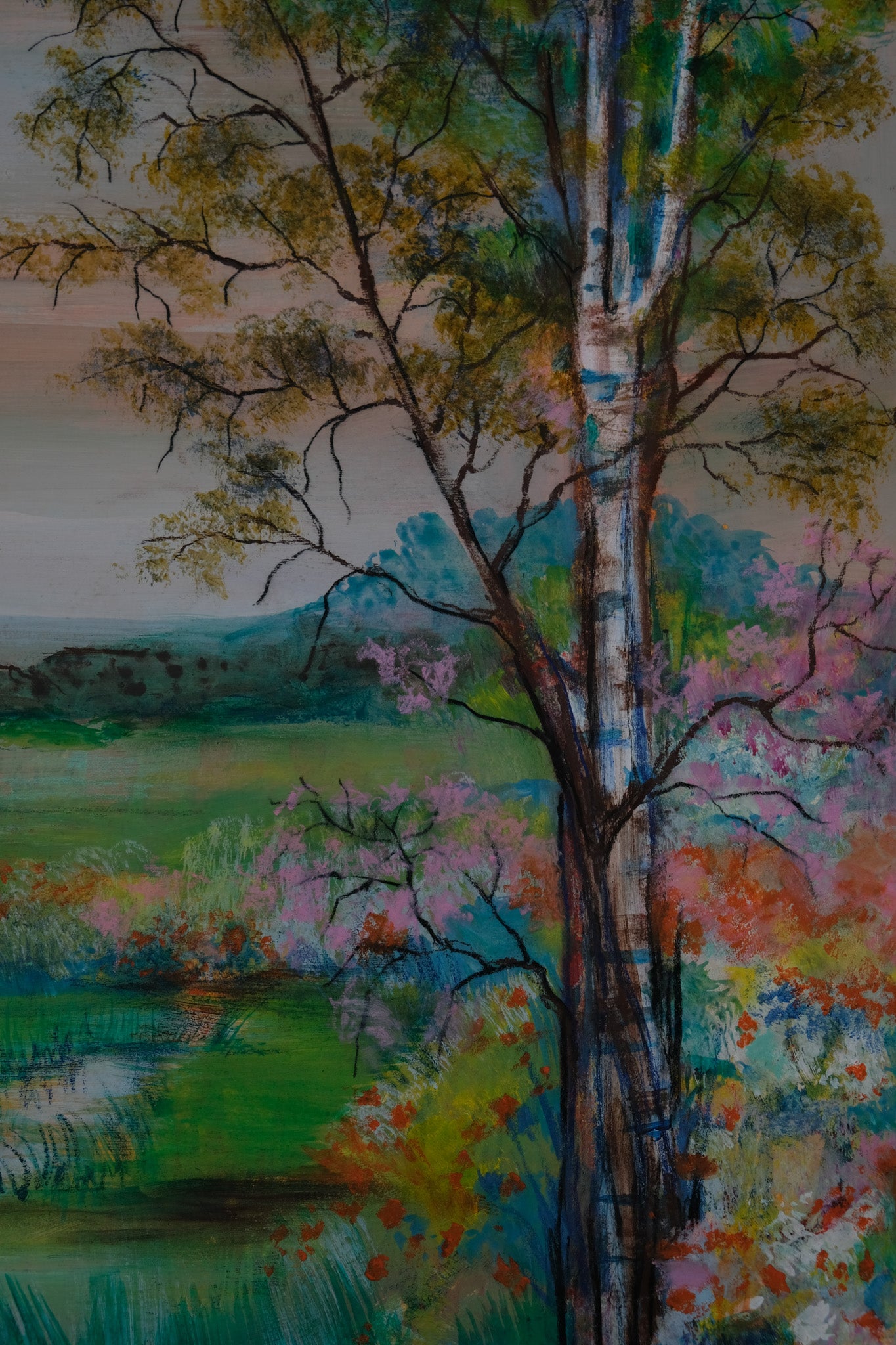 TORRES : Paysage au bouleau - Gouache et pastel signée