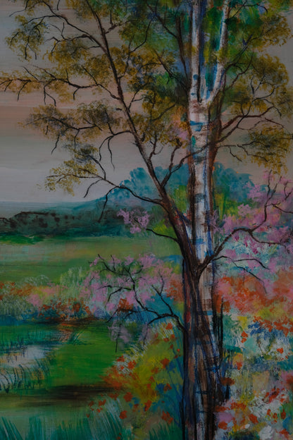 TORRES : Paysage au bouleau - Gouache et pastel signée