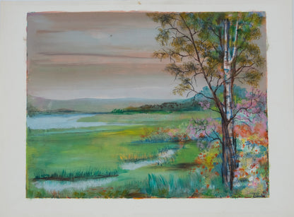 TORRES : Paysage au bouleau - Gouache et pastel signée