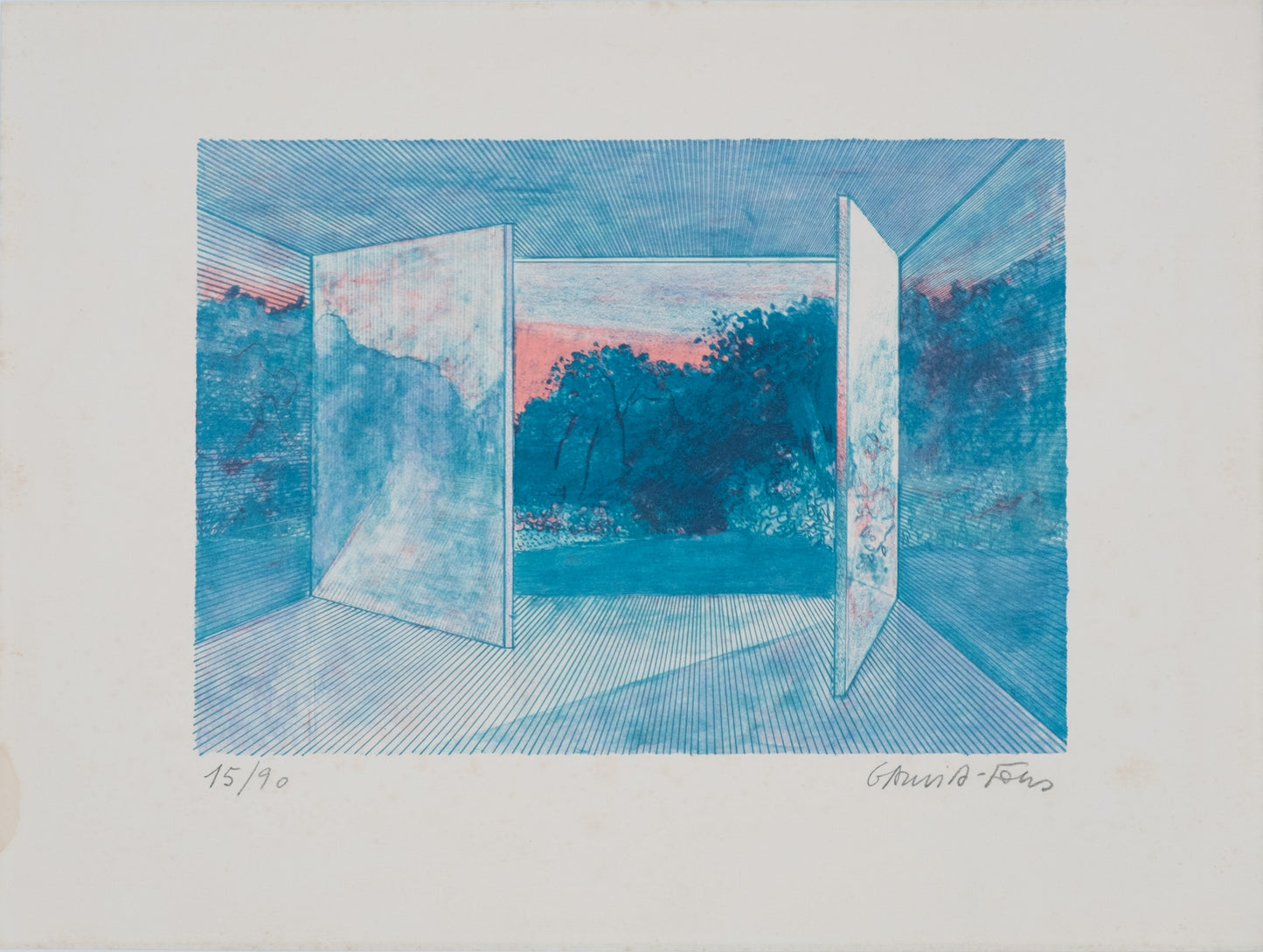 Pierre GARCIA FONS : Vue de la fenêtre bleue - Lithographie originale signée