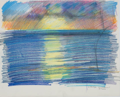 Camille HILAIRE : Le soir sur la mer - Pastel sur papier original signé et dédicacé